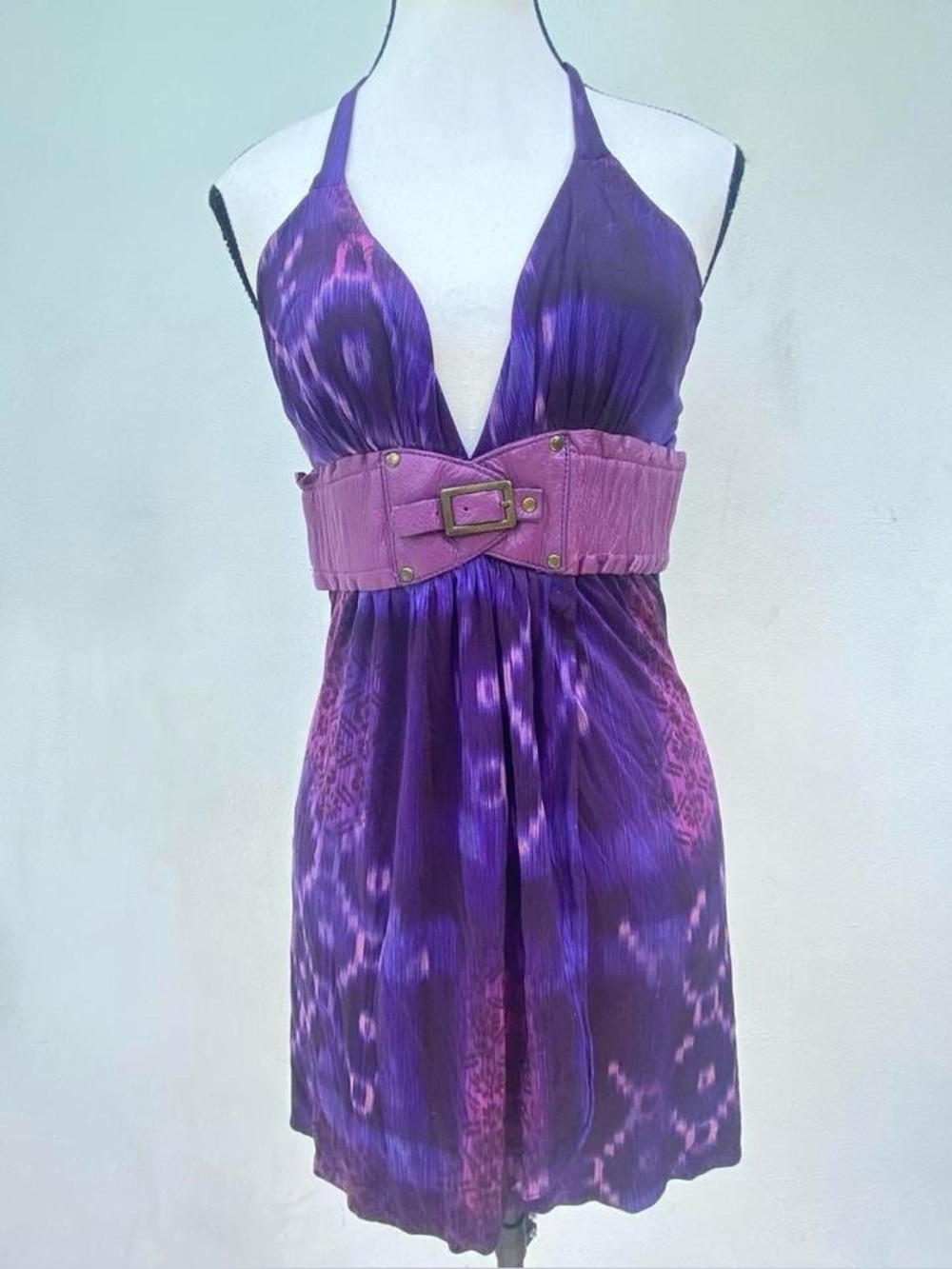 Y2K SKY 100% Silk Jersey Purple Ikat Tribal Leather Belted Halted Mini Dress Siz